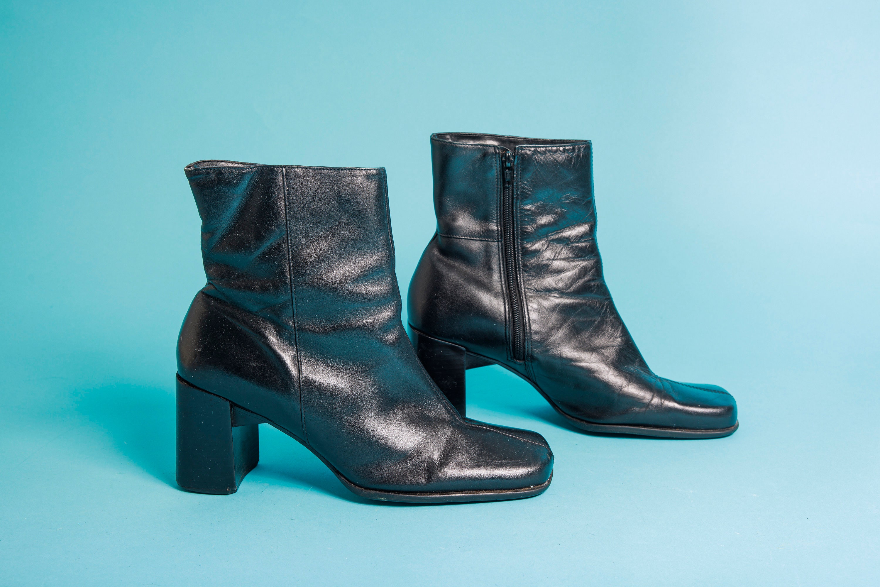 80s Black Leather Mid Square Heel Boots Vintage Zipper Y2K Classic