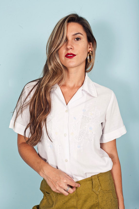 80s White Embroidered Blouse Vintage Short Sleeve… - image 3
