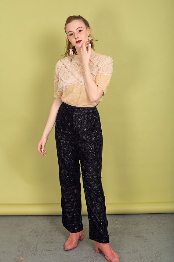 80s Black Jewelled Beaded Pants Vintage High Wais… - image 4