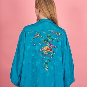 70s Blue Shiny Cherry Blossom Kimono Vintage Embroidered Long Robe image 7