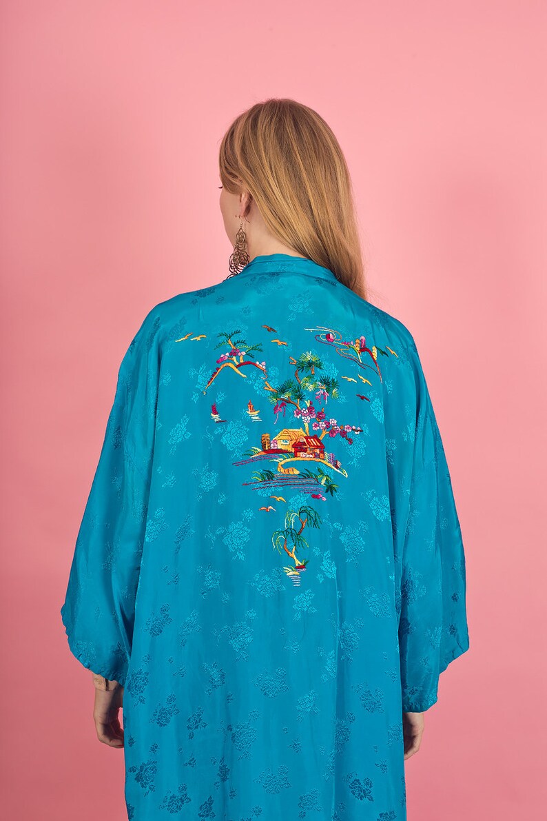 70s Blue Shiny Cherry Blossom Kimono Vintage Embroidered Long Robe image 7