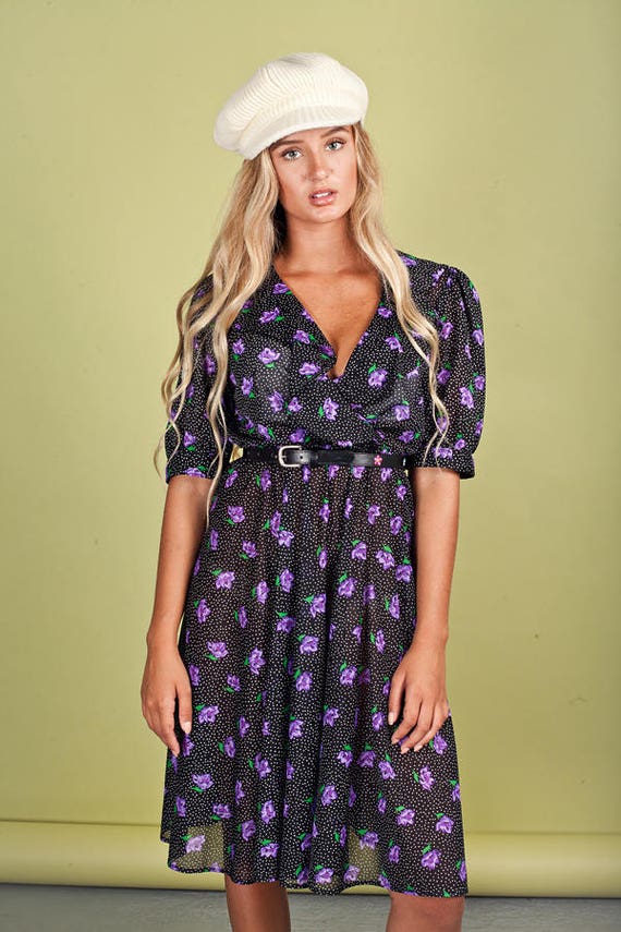 70s Purple Floral Dress Vintage Black Polka Dot R… - image 3