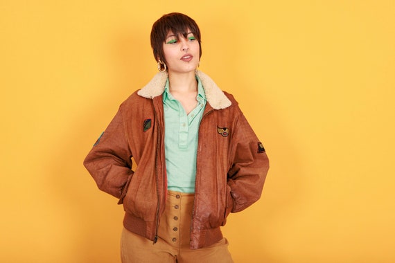 70s Caramel Brown Patchwork Bomber Jacket Vintage… - image 3