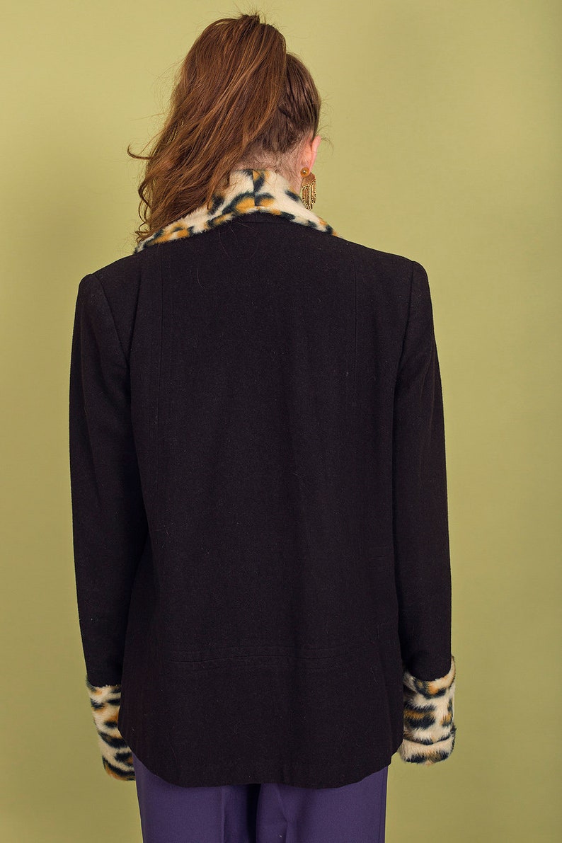 60s Black Leopard Collar Faux Fur Coat Vintage Elegant Knit Winter Jacket image 8