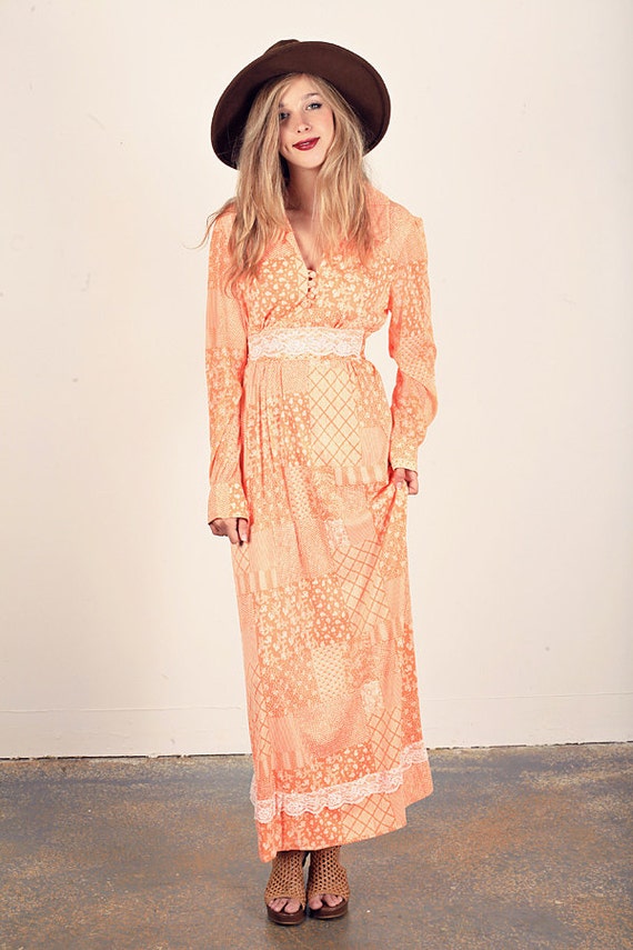 70s Orange Lace Maxi Vintage Spring Peach Rayon Dr