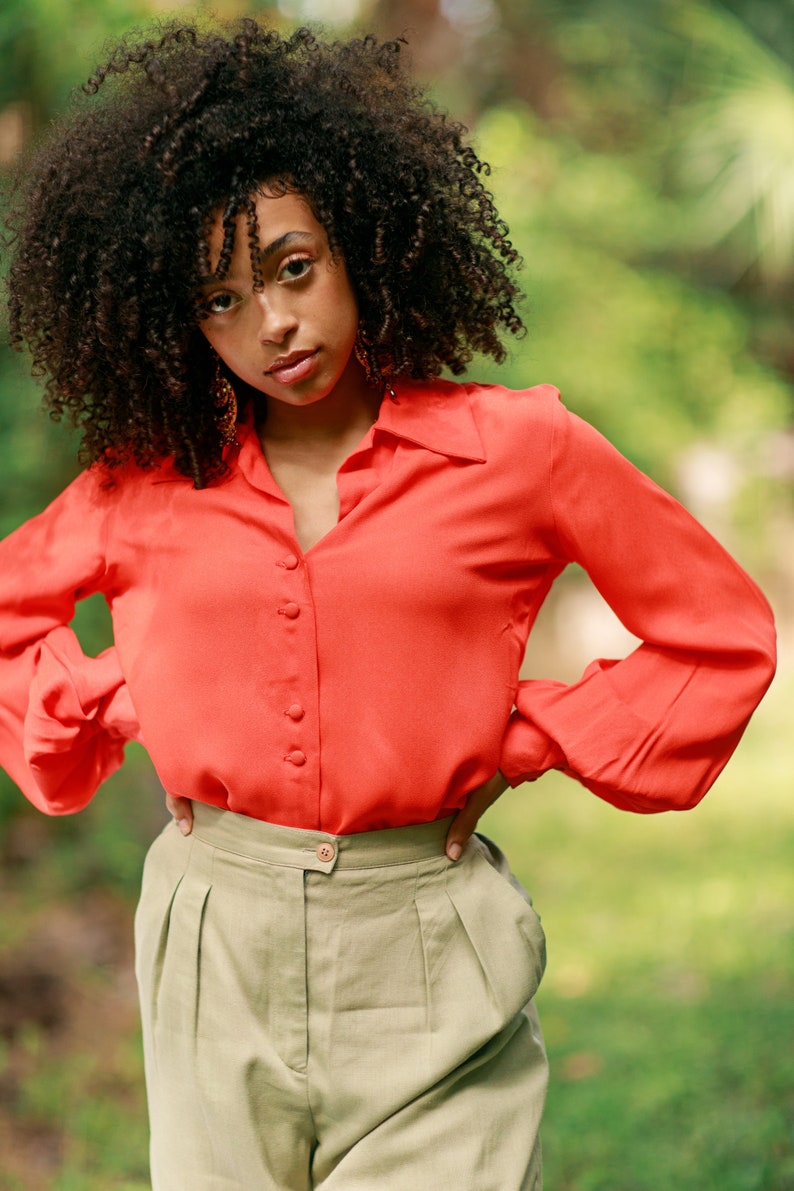 60s Bright Orange Balloon Sleeve Blouse Vintage Rayon Long Sleeve Button Down Top image 2