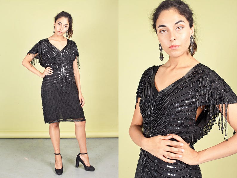 80s Black Evening Wiggle Dress Vintage Sequin Bead Dress