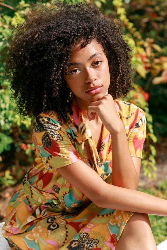 50s Yellow Orange Multi Color Pattern A Line Dres… - image 6