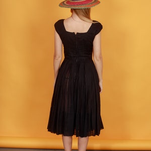 50s Black Party Dress Vintage Bow Pleated Fitted Swing Party Dress image 9