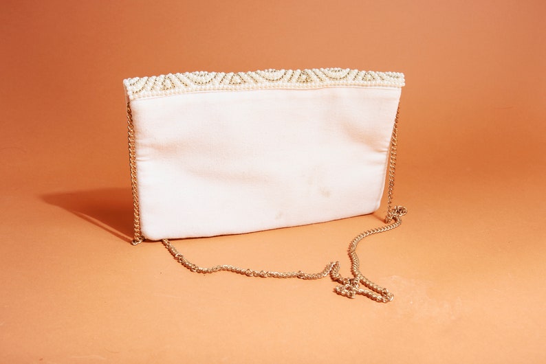 90s Light Beige Beaded Swirl Evening Purse Vintage Cotton Formal Chain Bag image 3