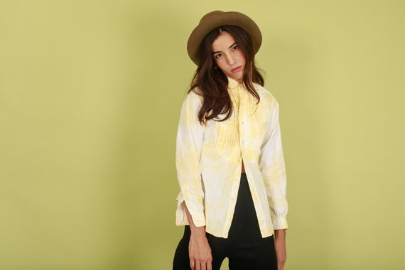 60s Pale Yellow Tie Dye Cotton Blouse Vintage Han… - image 5