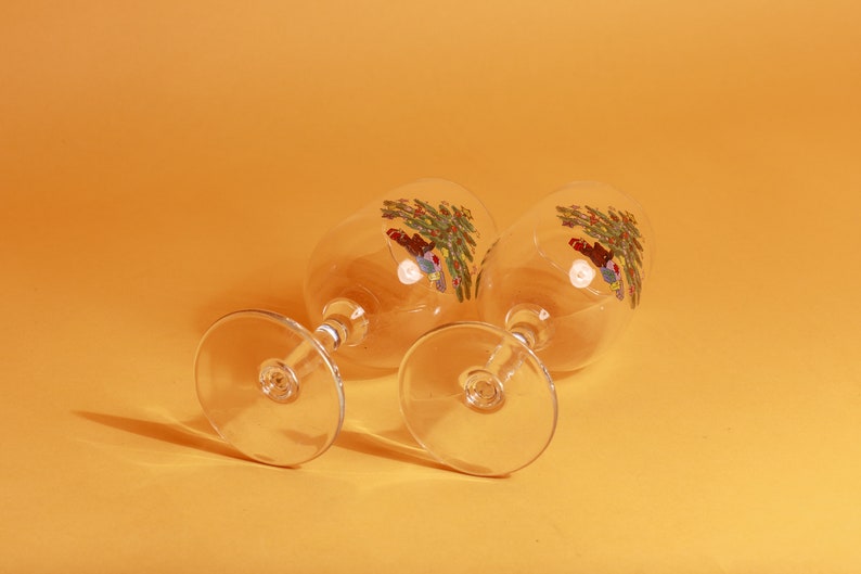 Set of 2 Vintage 80s Clear Glass Christmas Tree Festive Holiday Small Wine Glasses image 4