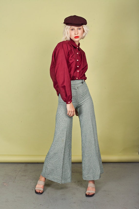70s Green Knit Patterned Bell Bottom Pants Vintage