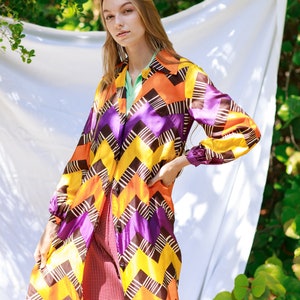 60s Colorful Purple Yellow Mod Print Robe Vintage Psychedelic Long Jacket Dress image 5