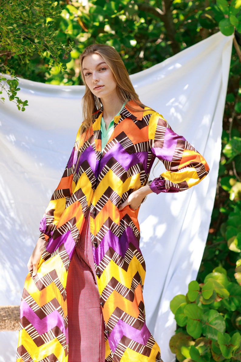 60s Colorful Purple Yellow Mod Print Robe Vintage Psychedelic Long Jacket Dress image 5