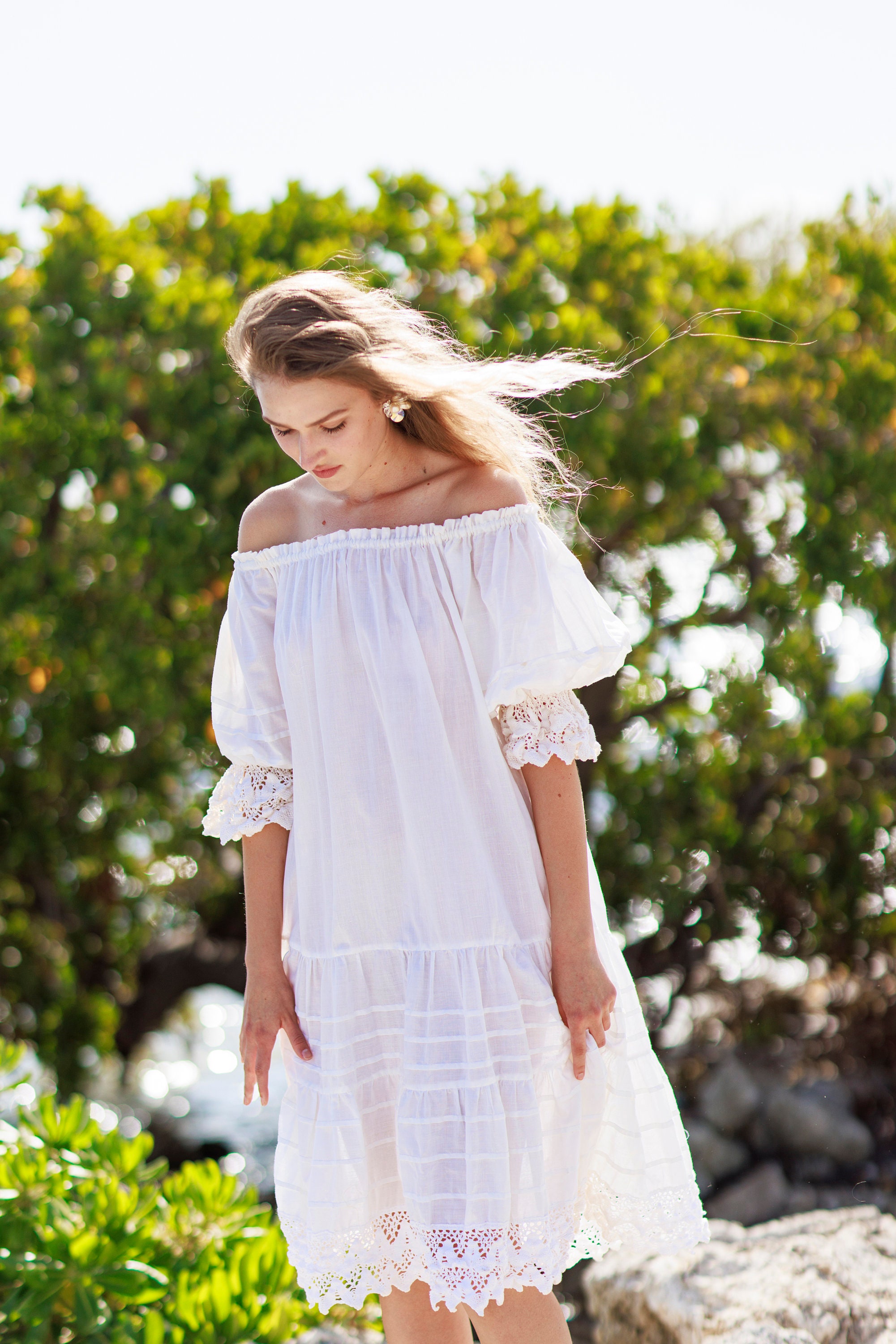 white off the shoulder peasant dress Bohemian White Off Shoulder Ruffle Crochet Lace Trim Boho Peasant Maxi Dress S