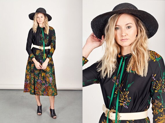 50s Lounge Floral Dress Vintage Black Yellow Long