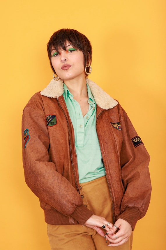 70s Caramel Brown Patchwork Bomber Jacket Vintage… - image 2