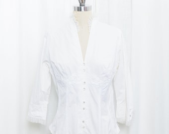 2000s White Lace Ruffle Corset Cotton Blouse Vintage 2000s Byron Lars Fitted Peplum Hourglass Button Top