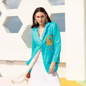 80s Blue Hand Embroidered Face Blazer Vintage Reworked Jacket