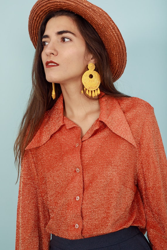70s Orange Glitter Blouse Vintage Long Sleeve Shi… - image 5