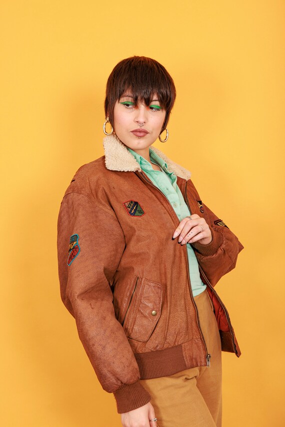 70s Caramel Brown Patchwork Bomber Jacket Vintage… - image 4