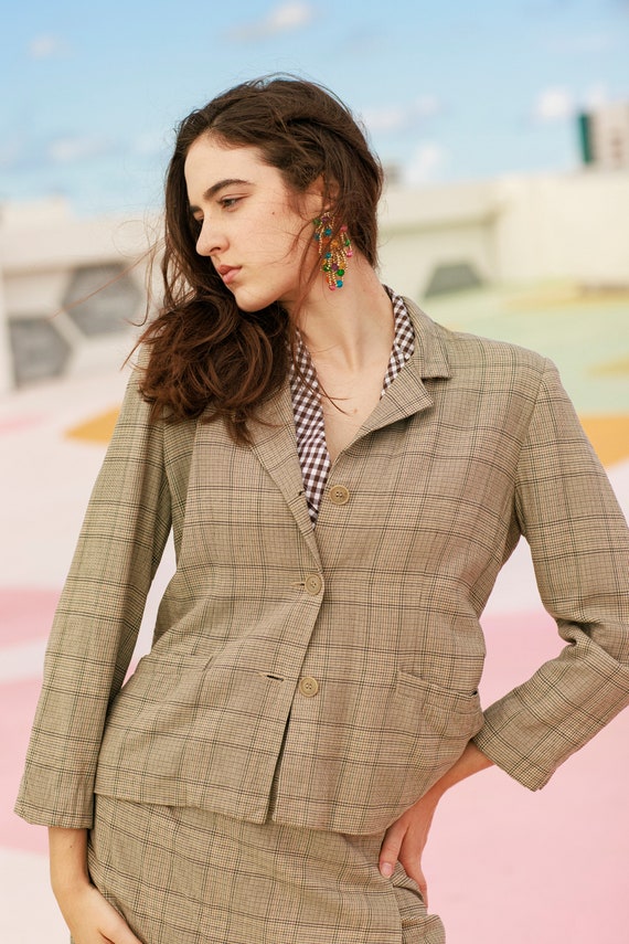 90s Grey Wool Plaid Matching Suit Vintage Clueles… - image 7
