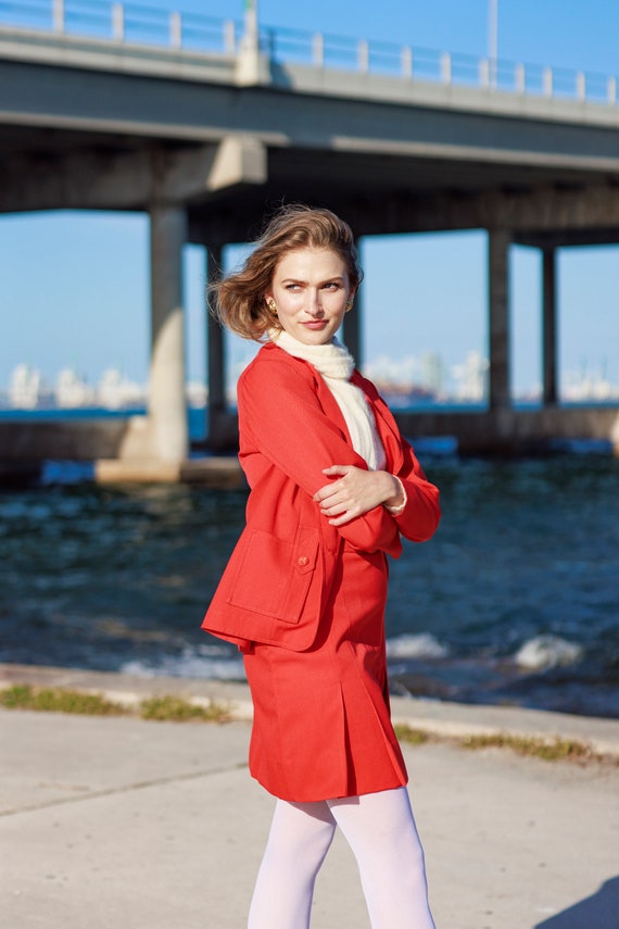 60s Red Long Sleeve Structured  Blazer Suit Vinta… - image 6