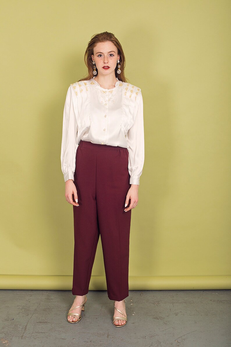 80s Wine Red Elastic Trousers Vintage High Rise Straight Leg Pants image 4