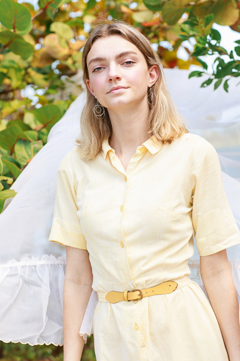 50s Light Yellow Striped Shirt Dress Vintage Short Sleeve Cotton Dress image 8