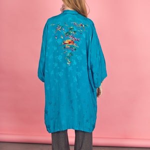 70s Blue Shiny Cherry Blossom Kimono Vintage Embroidered Long Robe image 9