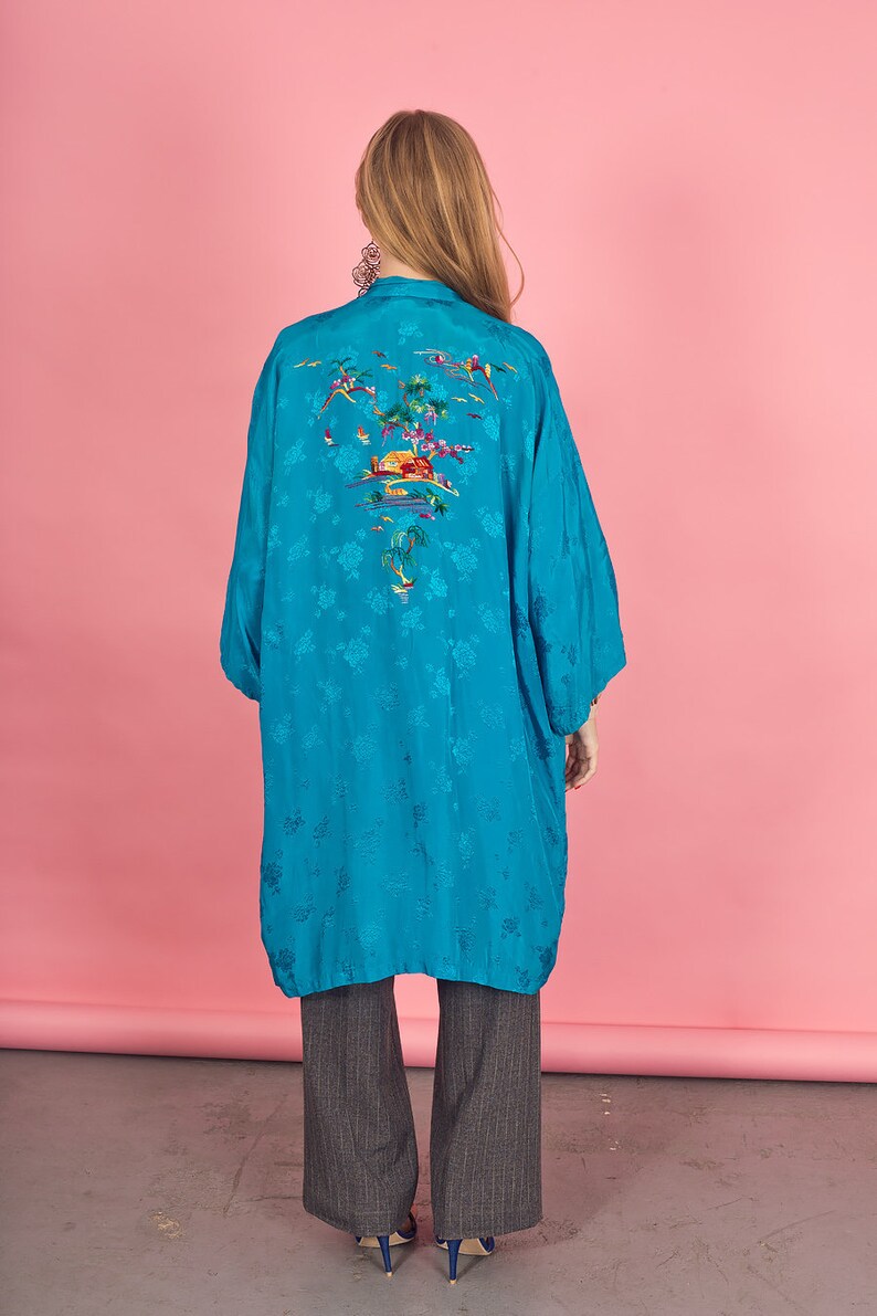 70s Blue Shiny Cherry Blossom Kimono Vintage Embroidered Long Robe image 9