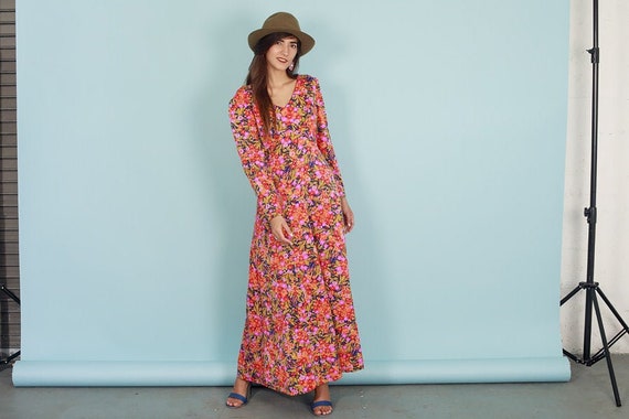 60s Botanical Dress Vintage Flower Print Long Slee