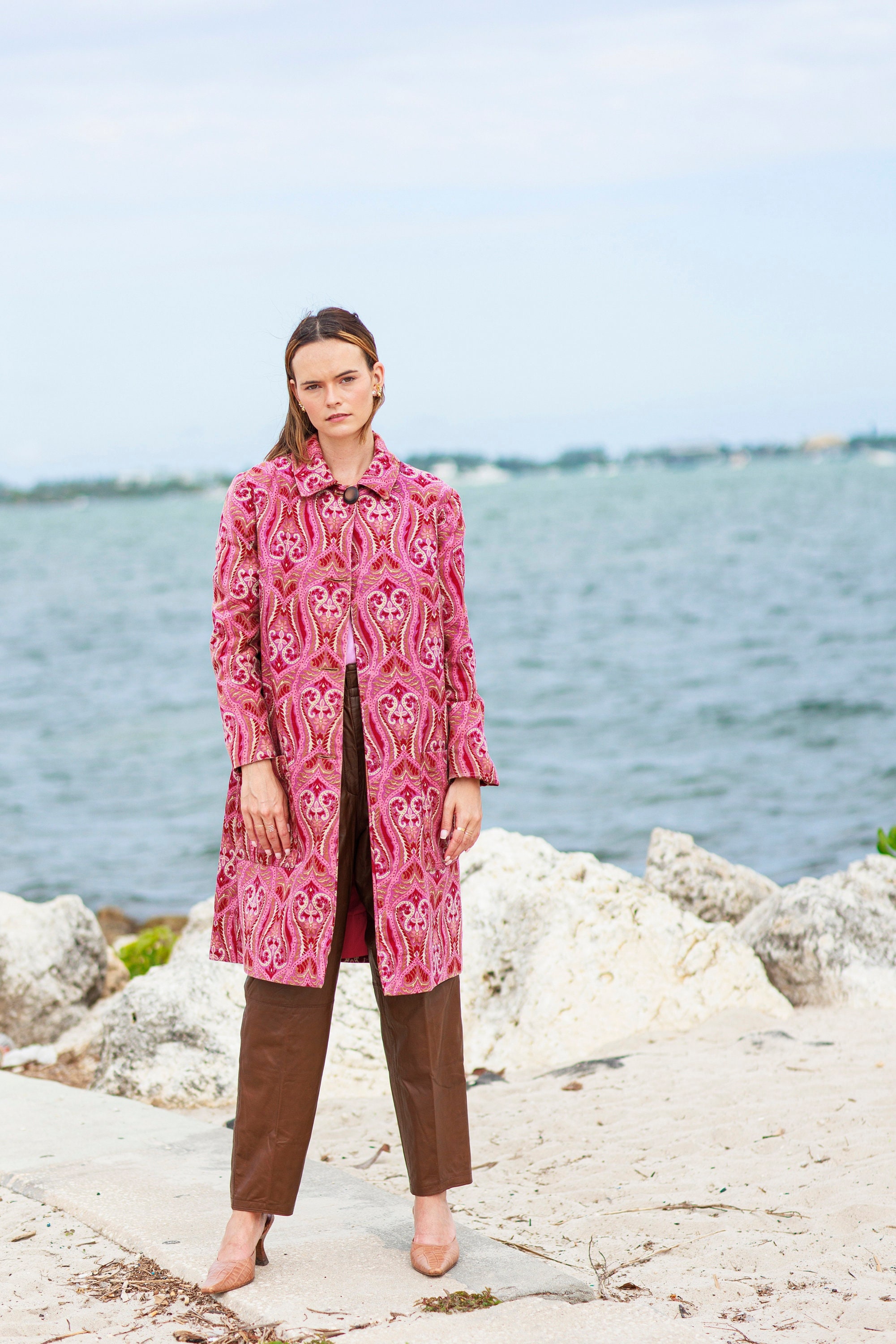 50s Pink Paisley Print Tapestry Coat Vintage Long Sleeve Colorful