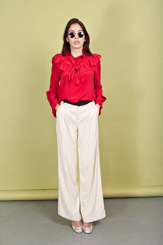 80s Cream Rayon Pants Vintage Black High Waisted F