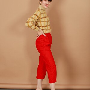 80s Bright Red High Waisted Linen Pants Vintage Cropped Straight Leg Petite Trousers image 2