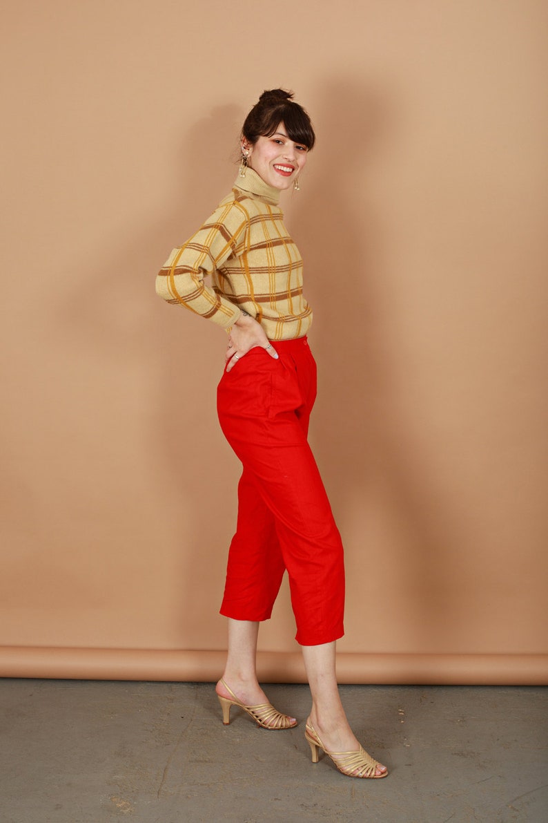 80s Bright Red High Waisted Linen Pants Vintage Cropped Straight Leg Petite Trousers image 2