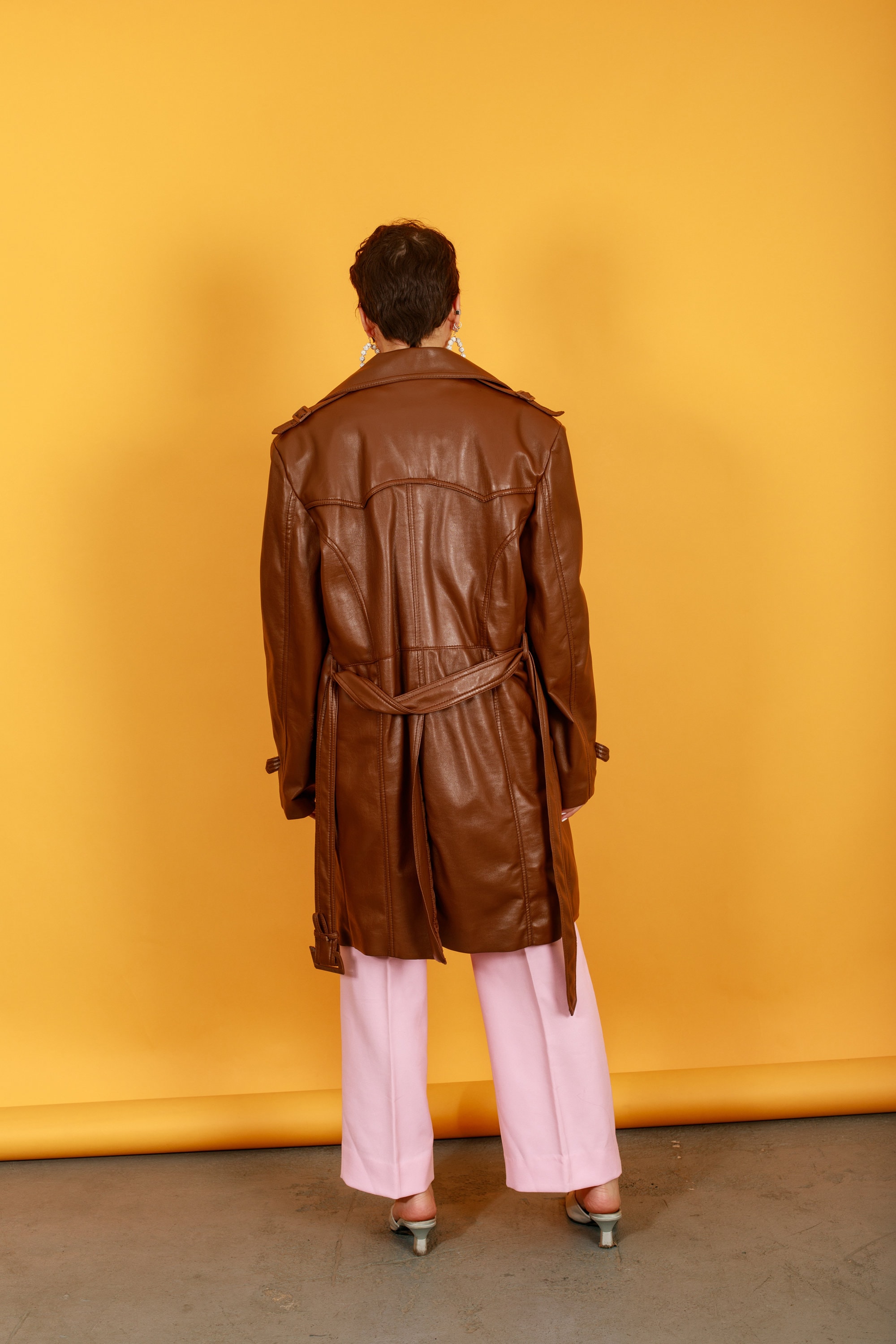 TAN☆裏起毛ロンパース 70s Dark Caramel Brown Faux Leather Coat Vintage Oversize Belted