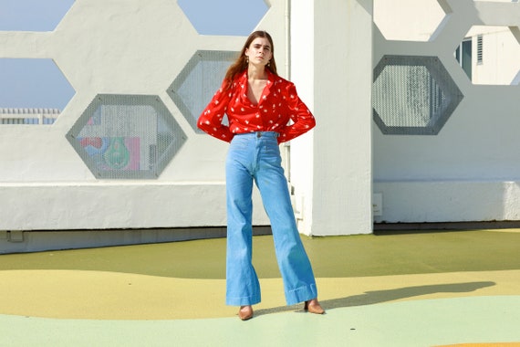70s Blue Light Wash Denim Boho Pants 