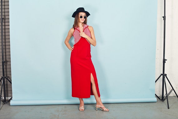 80s Red Striped Jersey Long Dress Vintage Nautical
