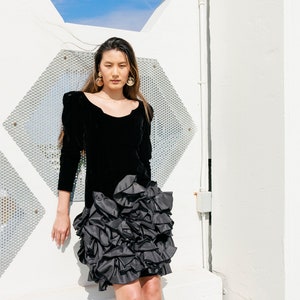 80s Black Velvet Statement Cocktail Dress Vintage Long Sleeve Ruffle Formal Designer Dress image 3