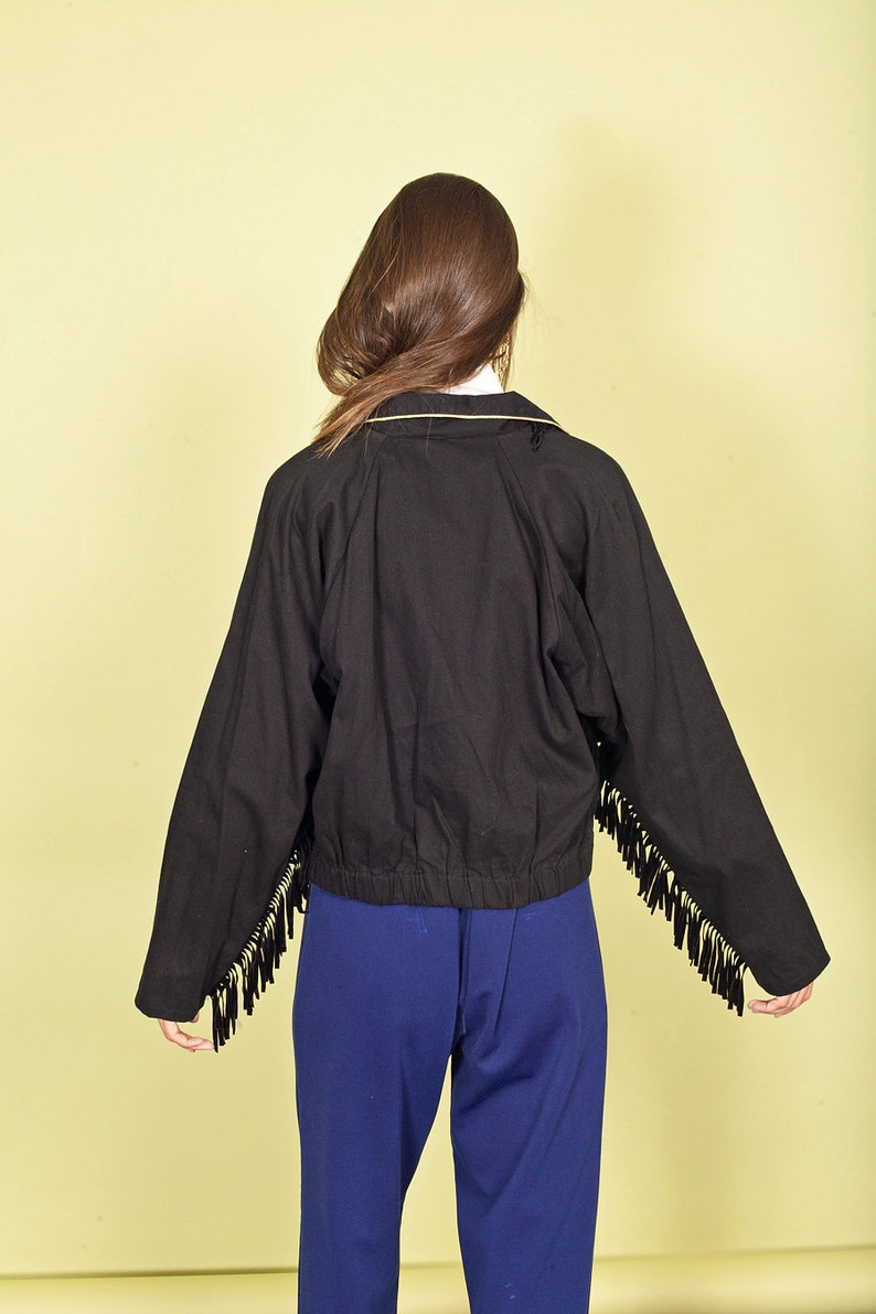 80s Black Studded Crop Jacket Vintage Gold Embellished Fringe Jacket image 6