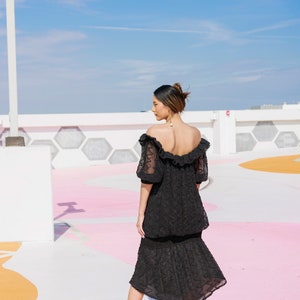 80s Black Woven Crochet Statement Dress Vintage Off Shoulder Prairie Ruffle Dress image 10