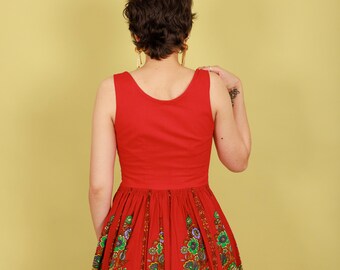 40s Bright Red Corset Floral Folk Print Dress Vintage Flared