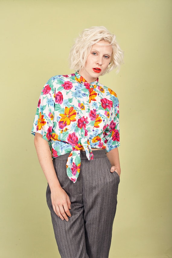 80s Colorful Floral Cotton Blouse Vintage Short Sl