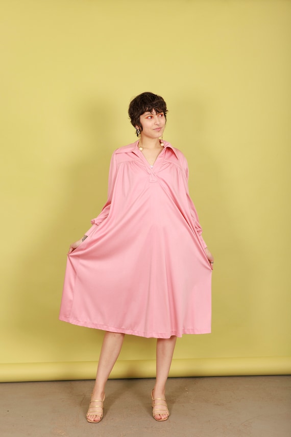 70s Rose Pink Aline Flared Dress Vintage Belted L… - image 6
