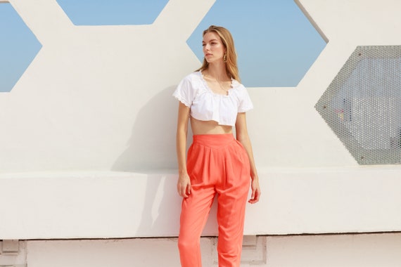 80s Peach Coral Pink High Waisted Pants Vintage R… - image 6