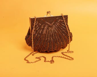 Borsa a conchiglia con perline vintage: tracolla con catena in bronzo Art Déco anni '80