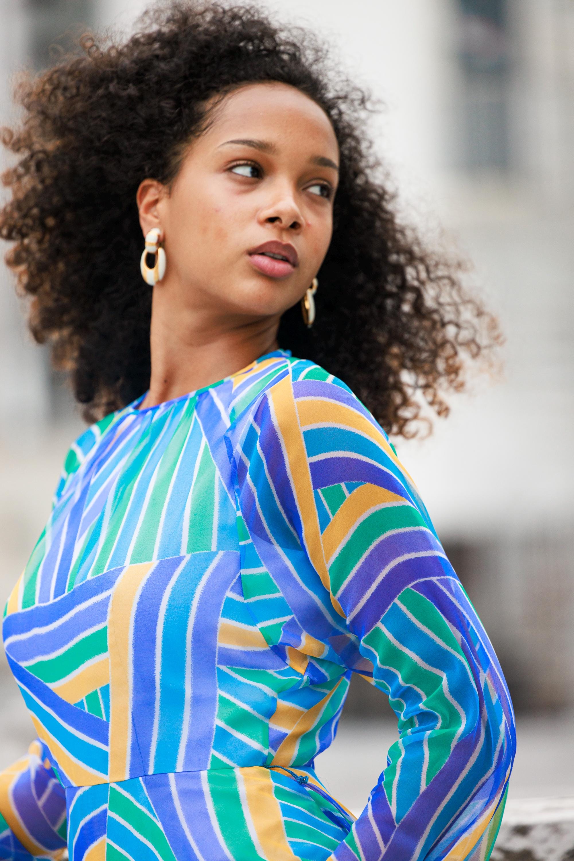 70s Blue Multicolor Geometric Retro Print Dress Vintage Long