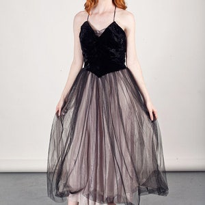 50s Black Prom Dress Tulle Vintage Gothic Velvet Party Gown Dress image 2